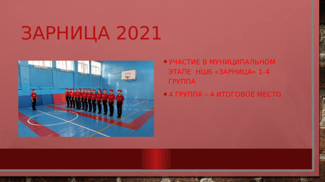 ЗАРНИЦА 2021 Участие в муниципальном этапе НШБ «Зарница» 1-4 группа 4 группа – 4 итоговое место 