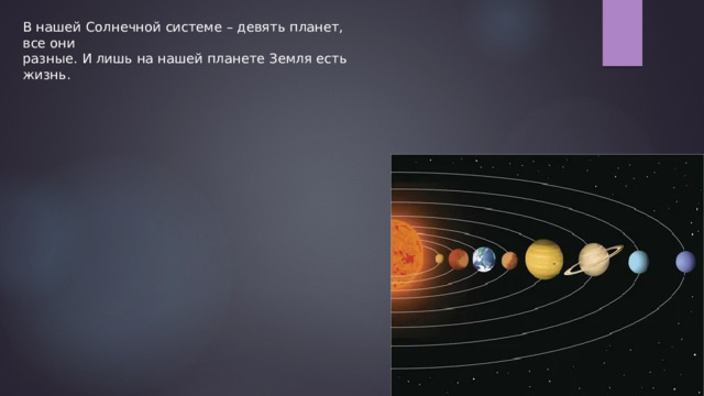 В нашей Солнечной системе – девять планет, все они разные. И лишь на нашей планете Земля есть жизнь. 