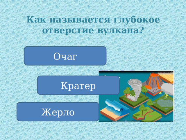 Как называется глубокое отверстие вулкана? Очаг Кратер Жерло 