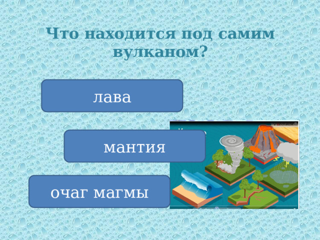 Что находится под самим вулканом? лава мантия очаг магмы 