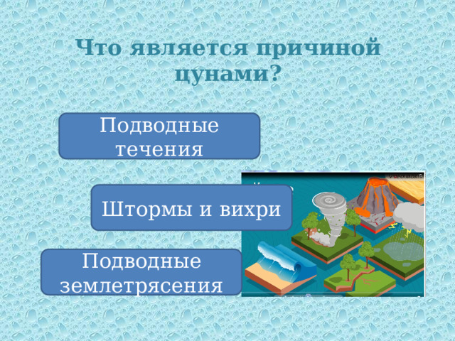 Что является причиной цунами? Подводные течения Штормы и вихри Подводные землетрясения 