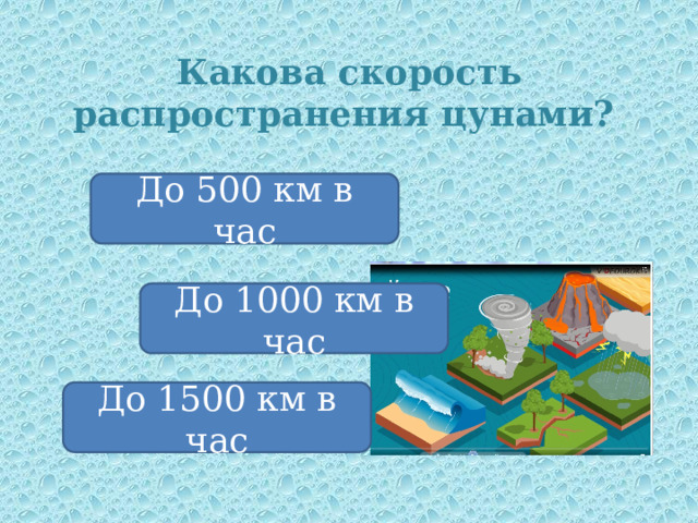 Какова скорость распространения цунами? До 500 км в час До 1000 км в час До 1500 км в час 