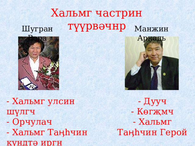 Хальмг частрин т үү рв ә чнр Шугран Вера Манжин Аркадь - Хальмг улсин шүлгч - Орчулач - Хальмг Таӊһчин күндтә иргн - Дууч - Көгҗмч - Хальмг Таӊһчин Герой