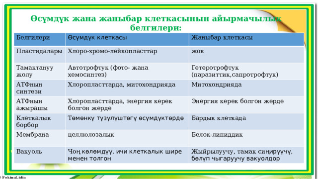 Өсүмдүк жана жаныбар клеткасынын айырмачылык белгилери: Белгилери Өсүмдүк клеткасы Пластидалары Жаныбар клеткасы Хлоро-хромо-лейкопласттар Тамактануу жолу жок Автотрофтук (фото- жана хемосинтез) АТФнын синтези Гетеротрофтук (паразиттик,сапротрофтук) Хлоропласттарда, митохондрияда АТФнын ажырашы Клеткалык борбор Митохондрияда Хлоропласттарда, энергия керек болгон жерде Энергия керек болгон жерде Т өмөнкү түзүлүштөгү өсүмдүктөрдө Мембрана Бардык клеткада целлюлозалык Вакуоль Белок-липиддик Чо ң көлөмдүү, ичи клеткалык шире менен толгон Жыйрылуучу, тамак си ңирүүчү, бөлүп чыгаруучу вакуолдор 