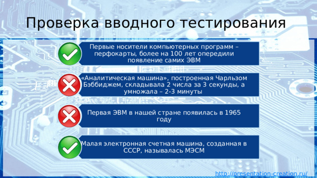 Первые носители компьютерных программ – перфокарты, более на 100 лет опередили появление самих ЭВМ «Аналитическая машина», построенная Чарльзом Бэббиджем, складывала 2 числа за 3 секунды, а умножала – 2-3 минуты Первая ЭВМ в нашей стране появилась в 1965 году Малая электронная счетная машина, созданная в СССР, называлась МЭСМ Проверка вводного тестирования 