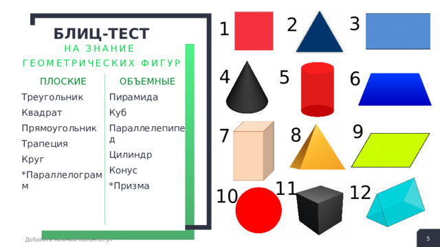 3 2 1 Блиц-ТЕСТ НА ЗНАНИЕ ГЕОМЕТРИЧЕСКИХ ФИГУР 4 5 6 ПЛОСКИЕ ОБЪЕМНЫЕ Треугольник Пирамида Квадрат Куб Параллелепипед Прямоугольник Цилиндр Трапеция Конус Круг *Параллелограмм *Призма 9 8 7 11 12 10  Добавить нижний колонтитул  