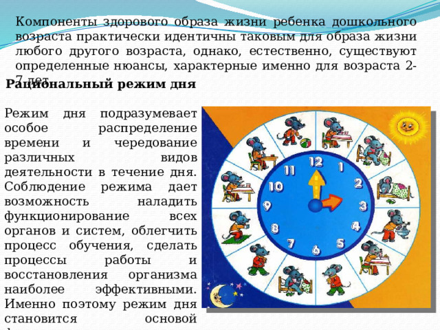 Компоненты здорового образа жизни ребенка дошкольного возраста практически идентичны таковым для образа жизни любого другого возраста, однако, естественно, существуют определенные нюансы, характерные именно для возраста 2-7 лет. Рациональный режим дня Режим дня подразумевает особое распределение времени и чередование различных видов деятельности в течение дня. Соблюдение режима дает возможность наладить функционирование всех органов и систем, облегчить процесс обучения, сделать процессы работы и восстановления организма наиболее эффективными. Именно поэтому режим дня становится основой формирования здоровья с самых первых дней жизни. 