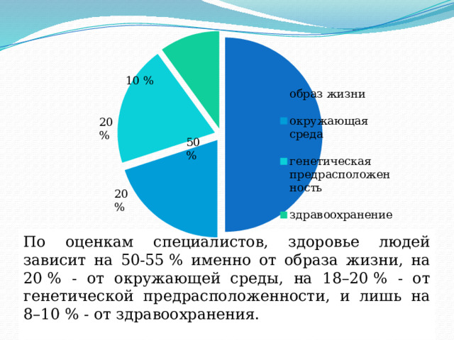 10 % 20% 50% 20 % По оценкам специалистов, здоровье людей зависит на 50-55 % именно от образа жизни, на 20 % - от окружающей среды, на 18–20 % - от генетической предрасположенности, и лишь на 8–10 % - от здравоохранения. 