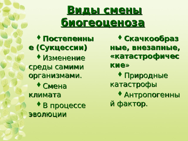 Виды смены биогеоценоза  Постепенные (Сукцессии) Изменение среды самими организмами. Смена климата В процессе эволюции  Скачкообразные, внезапные, «катастрофические » Природные катастрофы Антропогенный фактор.  