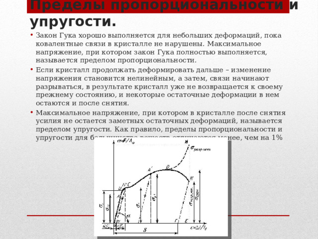 Пределы пропорциональности и упругости.   Закон Гука хорошо выполняется для небольших деформаций, пока ковалентные связи в кристалле не нарушены. Максимальное напряжение, при котором закон Гука полностью выполняется, называется пределом пропорциональности. Если кристалл продолжать деформировать дальше – изменение напряжения становится нелинейным, а затем, связи начинают разрываться, в результате кристалл уже не возвращается к своему прежнему состоянию, и некоторые остаточные деформации в нем остаются и после снятия. Максимальное напряжение, при котором в кристалле после снятия усилия не остается заметных остаточных деформаций, называется пределом упругости. Как правило, пределы пропорциональности и упругости для большинства веществ отличаются менее, чем на 1% 