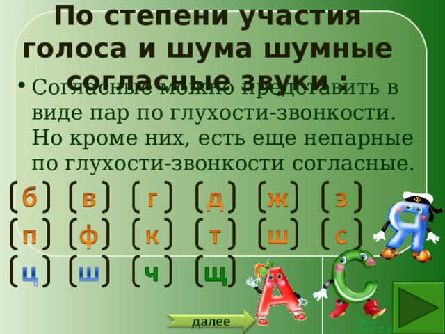 По степени участия голоса и шума шумные согласные звуки : Согласные можно представить в виде пар по глухости-звонкости. Но кроме них, есть еще непарные по глухости-звонкости согласные. 