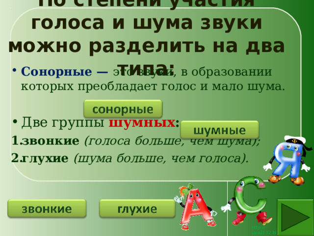 По степени участия голоса и шума звуки можно разделить на два типа: Сонорные —  это звуки, в образовании которых преобладает голос и мало шума. Две группы шумных : звонкие  (голоса больше, чем шума);   глухие  (шума больше, чем голоса). 