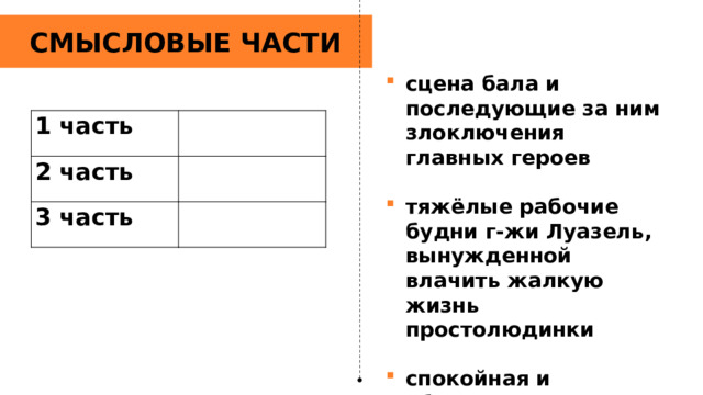 СМЫСЛОВЫЕ ЧАСТИ сцена бала и последующие за ним злоключения главных героев  тяжёлые рабочие будни г-жи Луазель, вынужденной влачить жалкую жизнь простолюдинки  спокойная и обеспеченная жизнь г-жи Луазель как жены мелкого чиновника 1 часть   2 часть   3 часть   