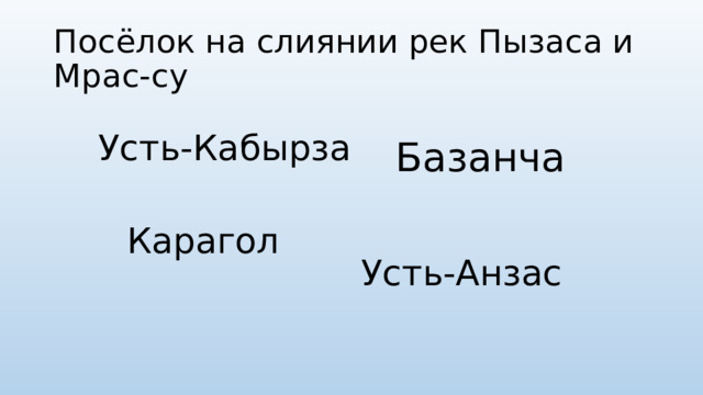 Посёлок на слиянии рек Пызаса и Мрас-су Усть-Кабырза Базанча Карагол Усть-Анзас 