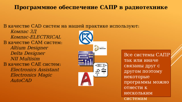 Программное обеспечение САПР в радиотехнике В качестве CAD систем на нашей практике используют:  Компас 3Д  Компас-ELECTRICAL В качестве СAM систем:  Altium Designer  Delta Designer  NII Multisim В качестве CAE систем:  Electronics Assistant  Electronics Magic  AutoCAD Все системы САПР так или иначе связаны друг с другом поэтому некоторые программы можно отнести к нескольким системам одновременно. 