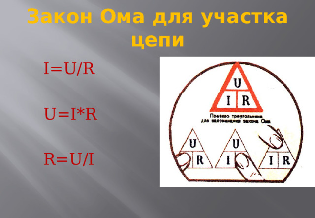 Закон Ома для участка цепи I=U/R U=I*R R=U/I 