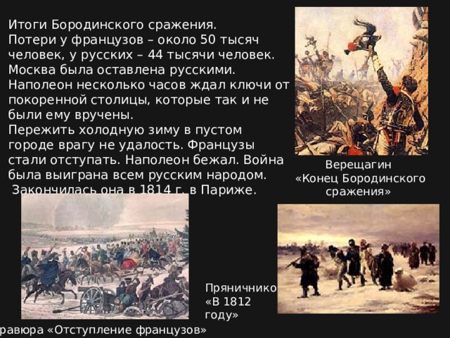 Итоги Бородинского сражения. Потери у французов – около 50 тысяч человек, у русских – 44 тысячи человек. Москва была оставлена русскими. Наполеон несколько часов ждал ключи от покоренной столицы, которые так и не были ему вручены. Пережить холодную зиму в пустом городе врагу не удалость. Французы стали отступать. Наполеон бежал. Война была выиграна всем русским народом.  Закончилась она в 1814 г. в Париже. Верещагин  «Конец Бородинского сражения» Пряничников  «В 1812 году» Гравюра «Отступление французов»  