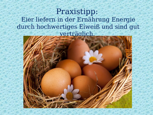Praxistipp:  Eier liefern in der Ernährung Energie durch hochwertiges Eiweiß und sind gut verträglich.   