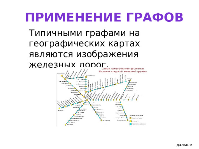 Применение графов Типичными графами на географических картах являются изображения железных дорог. дальше 