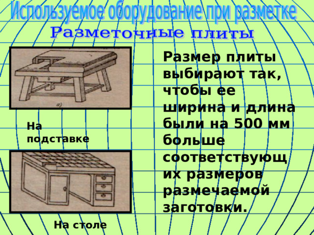 Размер плиты выбирают так, чтобы ее ширина и длина были на 500 мм больше соответствующих размеров размечаемой заготовки. На подставке На столе 