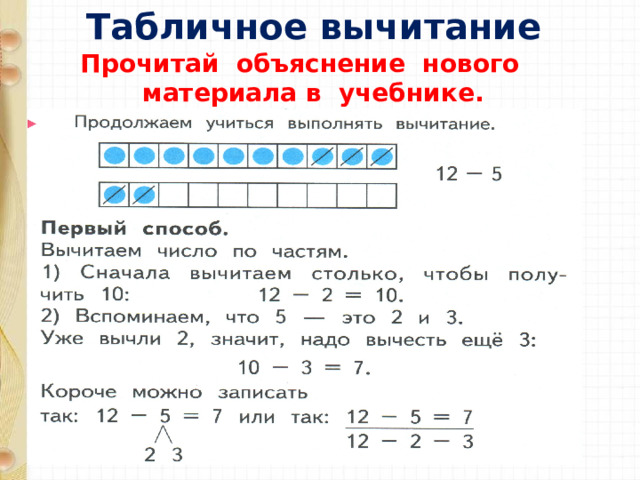 Табличное вычитание Прочитай объяснение нового материала в учебнике. 