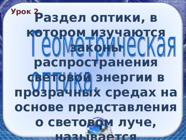 Урок 2 Раздел оптики, в котором изучаются законы распространения световой энергии в прозрачных средах на основе представления о световом луче, называется геометрической оптикой.  