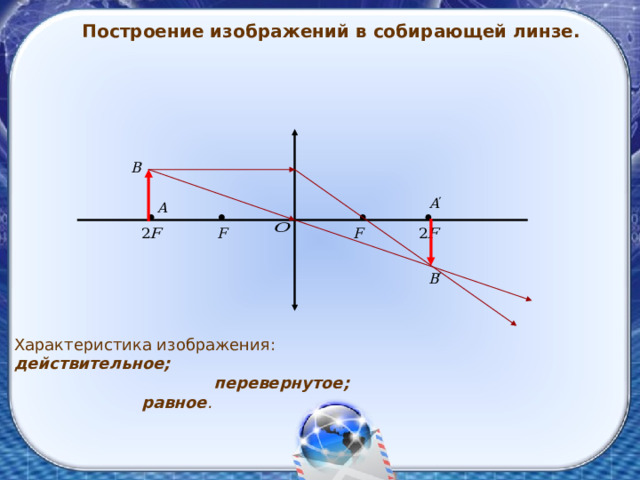 Увеличенное перевернутое действительное изображение в собирающей линзе