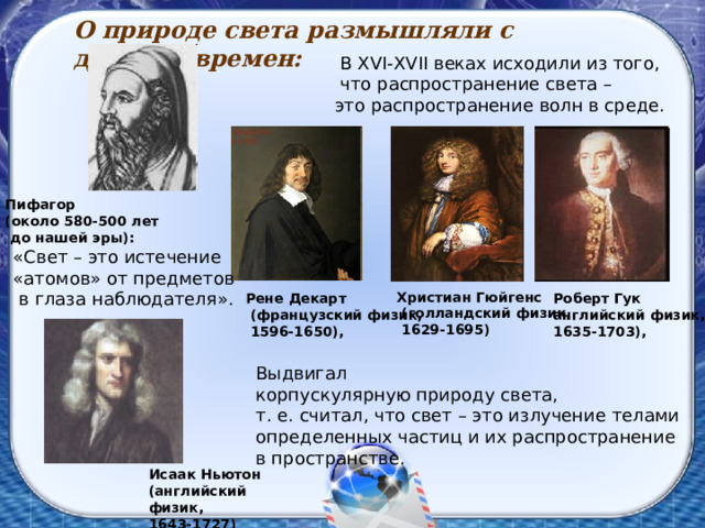 О природе света размышляли с древних времен:   В XVI-XVII веках исходили из того,  что распространение света – это распространение волн в среде. Пифагор (около 580-500 лет  до нашей эры): «Свет – это истечение «атомов» от предметов  в глаза наблюдателя». Христиан Гюйгенс  (голландский физик,  1629-1695) Рене Декарт  (французский физик,  1596-1650), Роберт Гук английский физик, 1635-1703), Выдвигал корпускулярную природу света, т. е. считал, что свет – это излучение телами определенных частиц и их распространение в пространстве. Исаак Ньютон (английский физик, 1643-1727) 