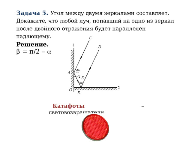 Задача 5 .  Угол между двумя зеркалами составляет. Докажите, что любой луч, попавший на одно из зеркал после двойного отражения будет параллелен падающему. Решение. β = π/2 –  Катафоты – световозвращатели. 