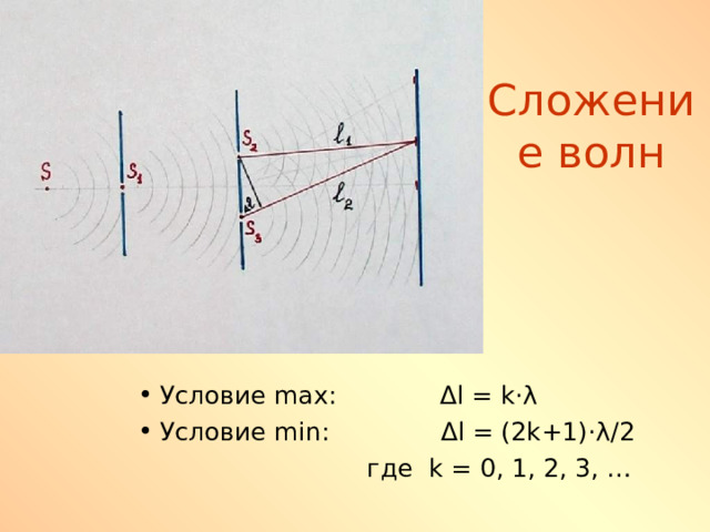 Сложение волн Условие max :  Δ l = k ·λ   Условие min :    Δ l = (2 k +1)·λ/2  где k = 0, 1, 2, 3, … 