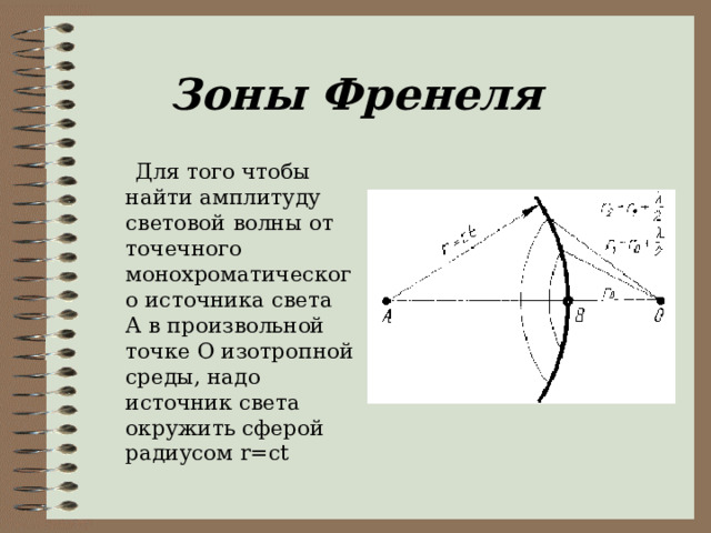 Зоны Френеля  Для того чтобы найти амплитуду световой волны от точечного  монохроматического источника света А в произвольной точке О изотропной среды, надо источник света окружить сферой радиусом r=ct 