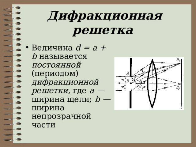 Дифракционная решетка  Величина  d = a + b называется постоянной (периодом) дифракционной решетки, где а — ширина щели;  b — ширина непрозрачной части 