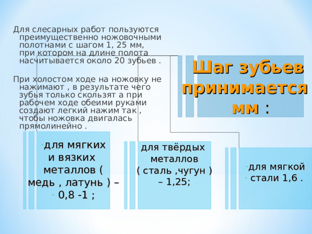 Для слесарных работ пользуются преимущественно ножовочными полотнами с шагом 1, 25 мм, при котором на длине полота насчитывается около 20 зубьев . При холостом ходе на ножовку не нажимают , в результате чего зубья только скользят а при рабочем ходе обеими руками создают легкий нажим так , чтобы ножовка двигалась прямолинейно . Шаг зубьев принимается , мм : для мягких и вязких металлов ( медь , латунь ) –  0,8 -1 ; для твёрдых металлов  ( сталь ,чугун ) – 1,25 ; для мягкой  стали 1,6 . 
