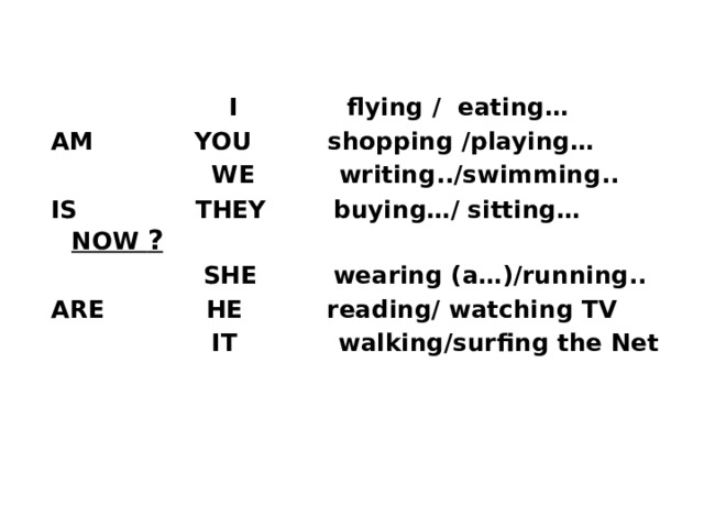  I flying / eating… AM YOU shopping /playing…  WE writing../swimming.. IS THEY buying…/ sitting… NOW ?  SHE wearing (a…)/running.. ARE HE reading/ watching TV  IT walking/surfing the Net 