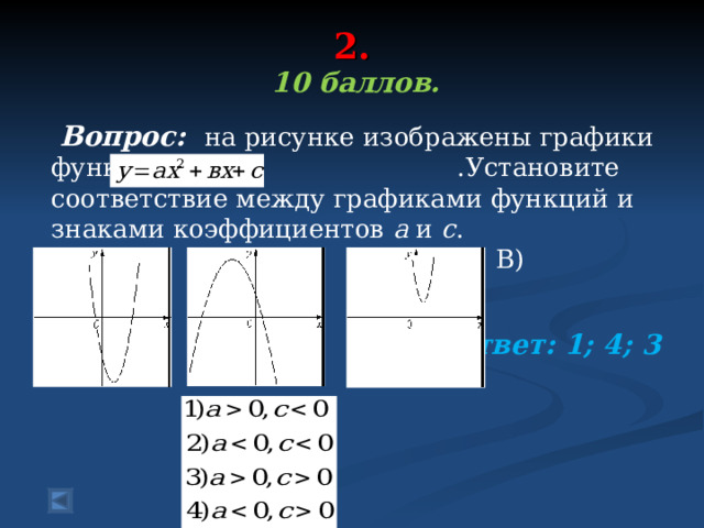 2.    10 баллов.   Вопрос: на рисунке изображены графики функций вида .Установите соответствие между графиками функций и знаками коэффициентов a  и c .  А) Б) В)  Ответ: 1; 4; 3 