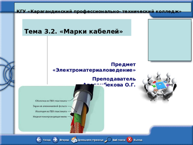 КГУ «Карагандинский профессионально- технический колледж» Тема 3.2. «Марки кабелей»   Предмет «Электроматериаловедение» Преподаватель Арсламбекова О.Г. Этот VCT шаблон создан для того, чтобы пользуясь им, вы смогли создать свой VCT проект. Используйте его для того, чтобы рассказать о своих наиболее успешных проектах своим коллегам в школе, районе, стране и за её пределами. Как это сделать: Следуйте подсказкам на каждом слайде и в приложенных Word документах  для внесения информации по проекту. После введения информации, удалите подсказки . Примечание : для введения названия VCT проекта, выберите Просмотр, Мастер, Слайд мастер и введите на Слайд мастер. Затем кликните на «закрыть слайд мастер» . Через некоторое время название появится на каждом слайде.  Затем через «Файл» и « Сохранить как» сохраните в формате « Power Point Show » .  