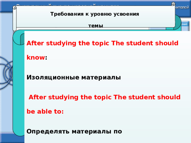 Требования к уровню усвоения  темы  After studying the topic The student should know : Изоляционные материалы  After studying the topic The student should be able to: Определять материалы по функциональности; After studying the topicThe student must have the skills: работы со справочной литературой 