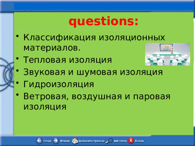  questions: Классификация изоляционных материалов. Тепловая изоляция Звуковая и шумовая изоляция Гидроизоляция Ветровая, воздушная и паровая изоляция 