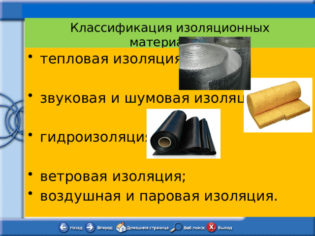  Классификация изоляционных материалов.   тепловая изоляция; звуковая и шумовая изоляция; гидроизоляция; ветровая изоляция; воздушная и паровая изоляция. 