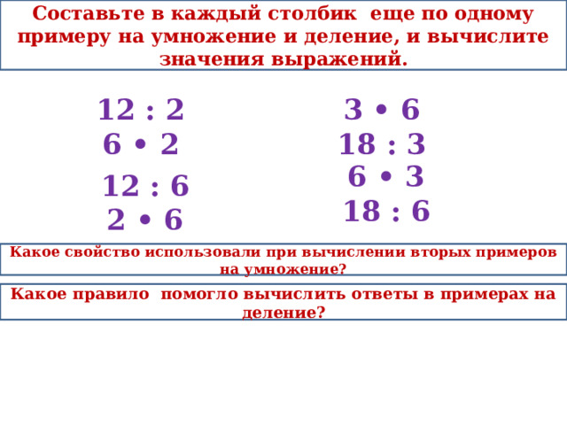 Составьте в каждый столбик еще по одному примеру на умножение и деление, и вычислите значения выражений. 12 : 2 6 • 2 3 • 6 18 : 3 6 • 3 18 : 6 12 : 6 2 • 6 Какое свойство использовали при вычислении вторых примеров на умножение? Какое правило помогло вычислить ответы в примерах на деление? 