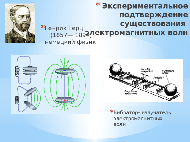 Экспериментальное подтверждение существования электромагнитных волн Генрих Герц (1857— 1894) немецкий физик    Вибратор- излучатель электромагнитных волн 