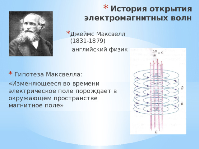 История открытия электромагнитных волн Джеймс Максвелл (1831-1879)  английский физик  Гипотеза Максвелла: «Изменяющееся во времени электрическое поле порождает в окружающем пространстве магнитное поле» 