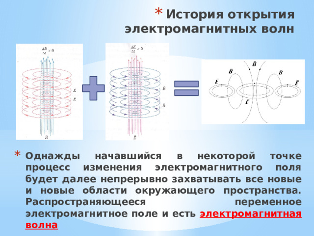 История открытия электромагнитных волн Однажды начавшийся в некоторой точке процесс изменения электромагнитного поля будет далее непрерывно захватывать все новые и новые области окружающего пространства. Распространяющееся переменное электромагнитное поле и есть электромагнитная волна 