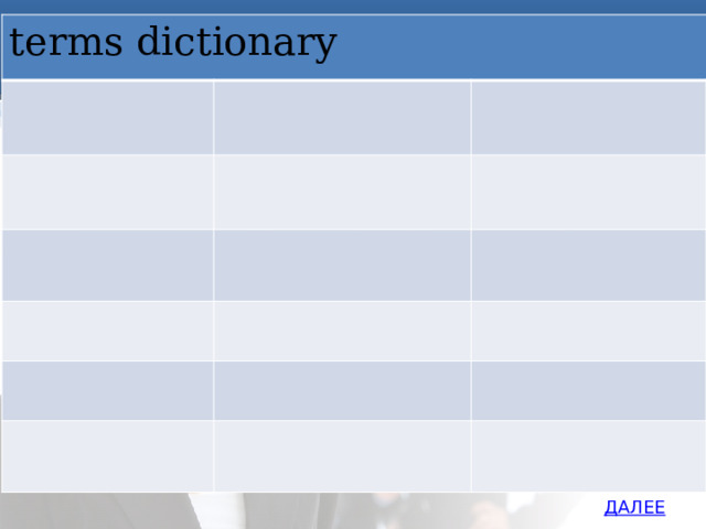 terms dictionary ДАЛЕЕ 