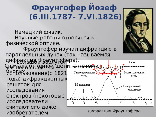 Фраунгофер Йозеф  (6.III.1787- 7.VI.1826)  Немецкий физик.  Научные работы относятся к физической оптике.    Фраунгофер изучал дифракцию в параллельных лучах (так называемая дифракция Фраунгофера). Сначала от одной щели, а потом от многих.   Большой заслугой учёного является использование(с 1821 года) дифракционных решеток для исследования спектров (некоторые исследователи считают его даже изобретателем первой дифракционной решетки) дифракция Фраунгофера 