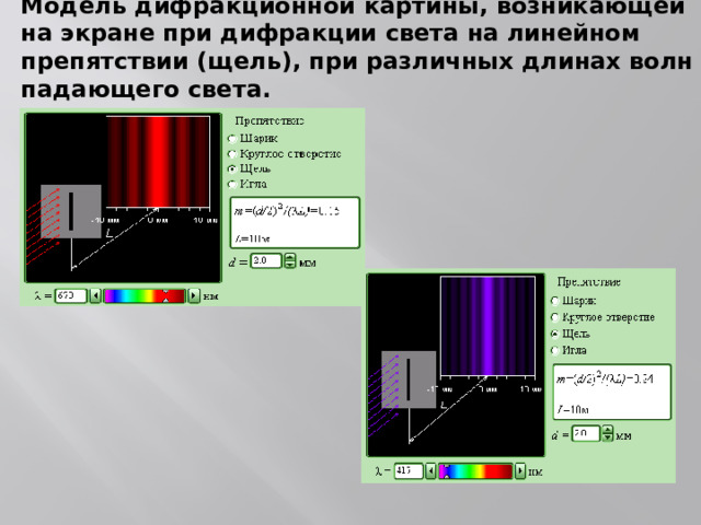 Модель дифракционной картины, возникающей на экране при дифракции света на линейном препятствии (щель), при различных длинах волн падающего света. 
