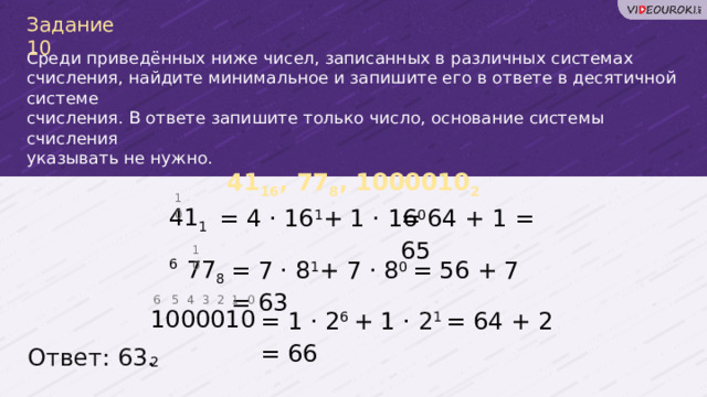 Задание 10 Среди приведённых ниже чисел, записанных в различных системах счисления, найдите минимальное и запишите его в ответе в десятичной системе счисления. В ответе запишите только число, основание системы счисления указывать не нужно. 41 16 , 77 8 , 1000010 2 1 0 41 16 = 4 · 16 1 + 1 · 16 0 = 64 + 1 = 65  1 0 77 8 = 7 · 8 1 + 7 · 8 0 = 56 + 7 = 63  6 5 4 3 2 1 0 1000010 2 = 1 · 2 6 + 1 · 2 1  = 64 + 2 = 66  Ответ: 63. 55 