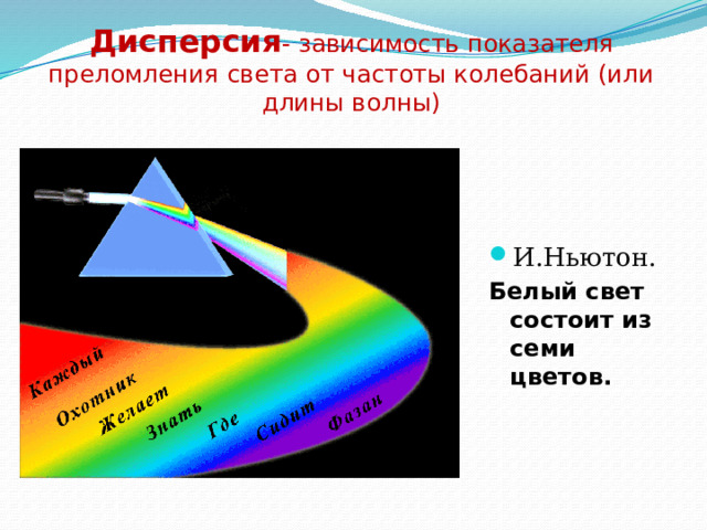 Дисперсия - зависимость показателя преломления света от частоты колебаний (или длины волны) И.Ньютон. Белый свет состоит из семи цветов. 