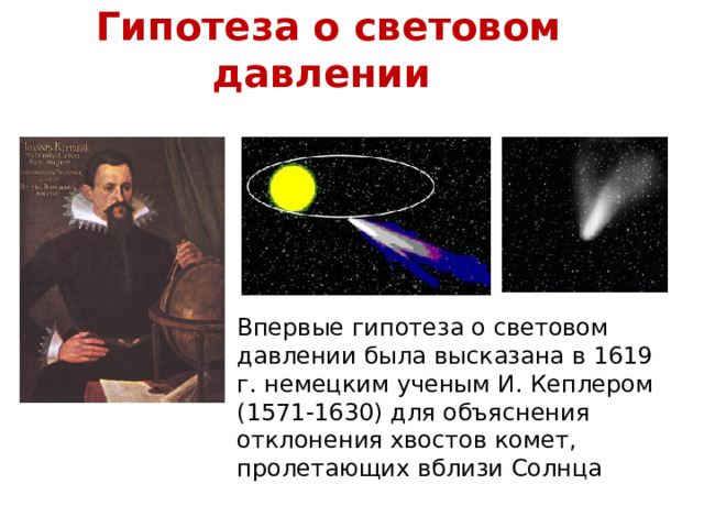 Гипотеза о световом давлении   (рис. 6.12). Впервые гипотеза о световом давлении была высказана в 1619 г. немецким ученым И. Кеплером (1571-1630) для объяснения отклонения хвостов комет, пролетающих вблизи Солнца 