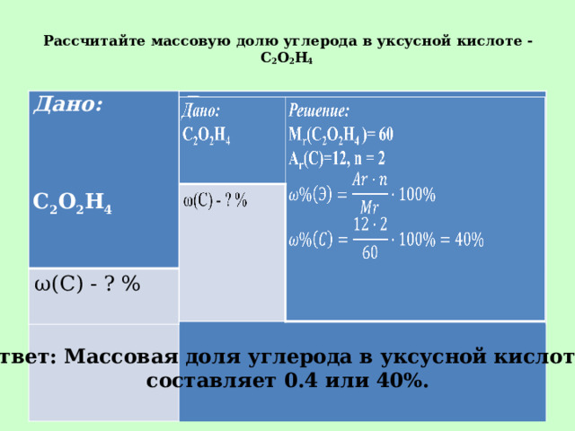 Рассчитайте массовую долю углерода в уксусной кислоте - C 2 O 2 H 4   Дано:    Дано:    ω(C) - ? % C 2 O 2 H 4 ω(C) - ? % Решение: C 2 O 2 H 4 M r (C 2 O 2 H 4 )= 60     A r (С)=12, n = 2     Ответ: Массовая доля углерода в уксусной кислоте составляет 0.4 или 40%.
